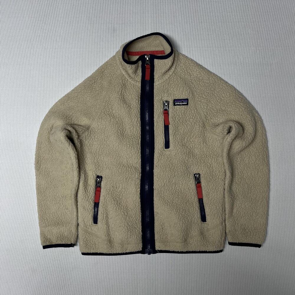 Patagonia Fleece Jacket Kids 7-8 Beige Full Zip Logo Pockets Outdoor Winter